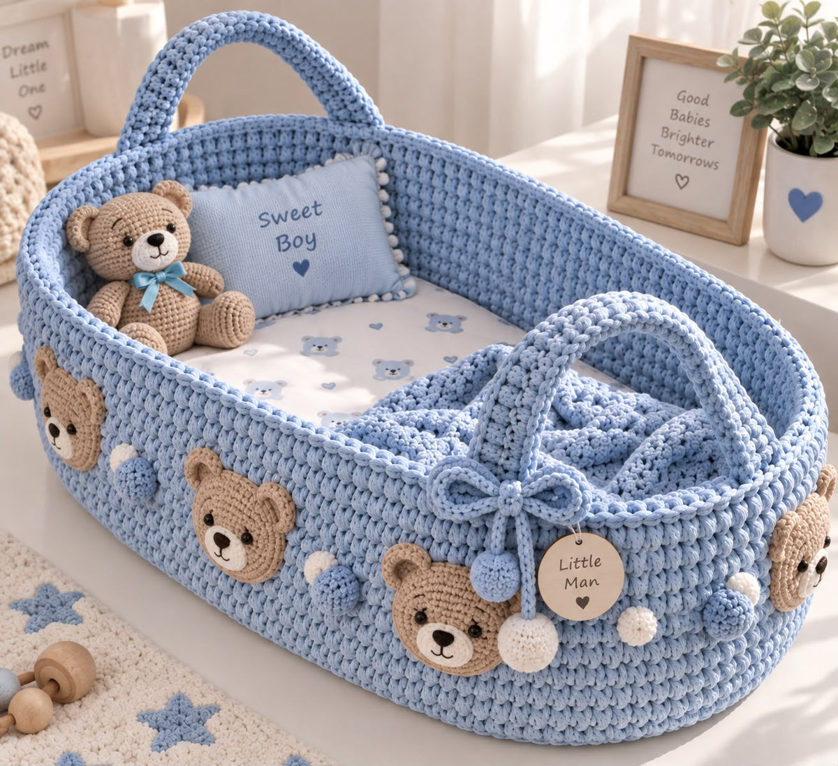 Crochet Moses Basket- Baby Boys
